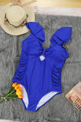 Maillot de bain une pièce bleu à volants sur les épaules, grande taille